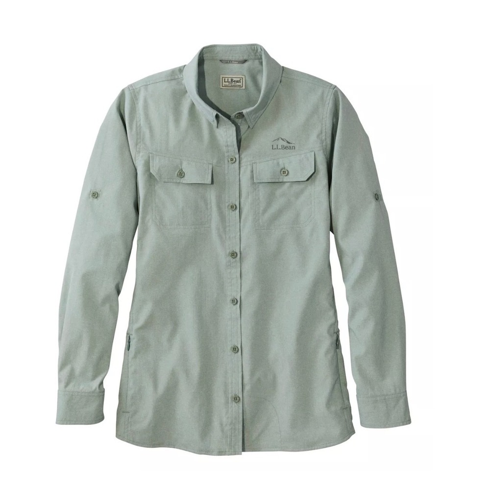 LL Bean Women No Fly Zone Shirt S Petite Green Roll Tab Outdoor Insect Repellent